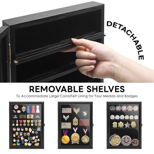 PiaoHao Challenge Coin Display Case Lockable Military Coin Holder Shadow Box with Removable Shelves Wall Mounted Medal Pin Cabinet with UV Protection Acrylic DoorBlack - Image 3