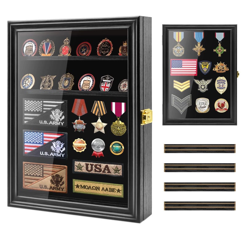 PiaoHao Challenge Coin Display Case Lockable Military Coin Holder Shadow Box with Removable Shelves Wall Mounted Medal Pin Cabinet with UV Protection Acrylic DoorBlack - Image 2