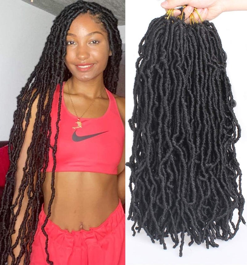 Leeven 24 Inch Long Messy Faux Locs Crochet Braids Hair 7 Packs Natural Black Distressed Faux Soft Locs Crochet Hair 12 Strands/Pack Pre-looped Goddess Locs Crochet Braiding Hair - Image 1