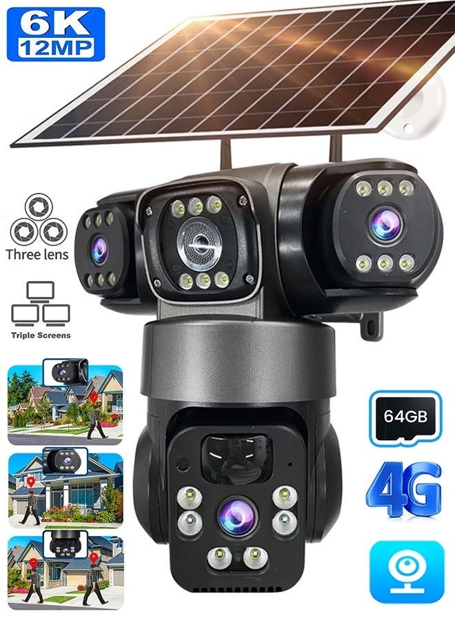 SUPER 5 6K 12MP 4G SIM Solar Camera Outdoor 3 Lens 3 Screen Surveillance CCTV PTZ Human Detect Auto Tracking Solar Security Camera V380 - Image 1