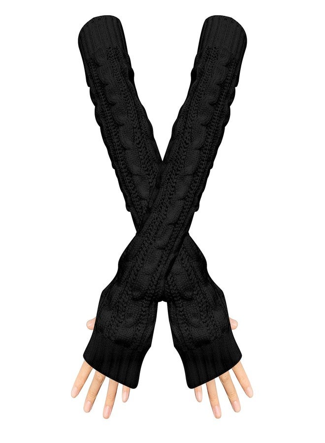 Feelorna Arm Sleeve Winter Warmer, Fingerless Stretchy Gloves Knitted Long Arm Warmers with Thumb Hole for Women (Black) - Image 1