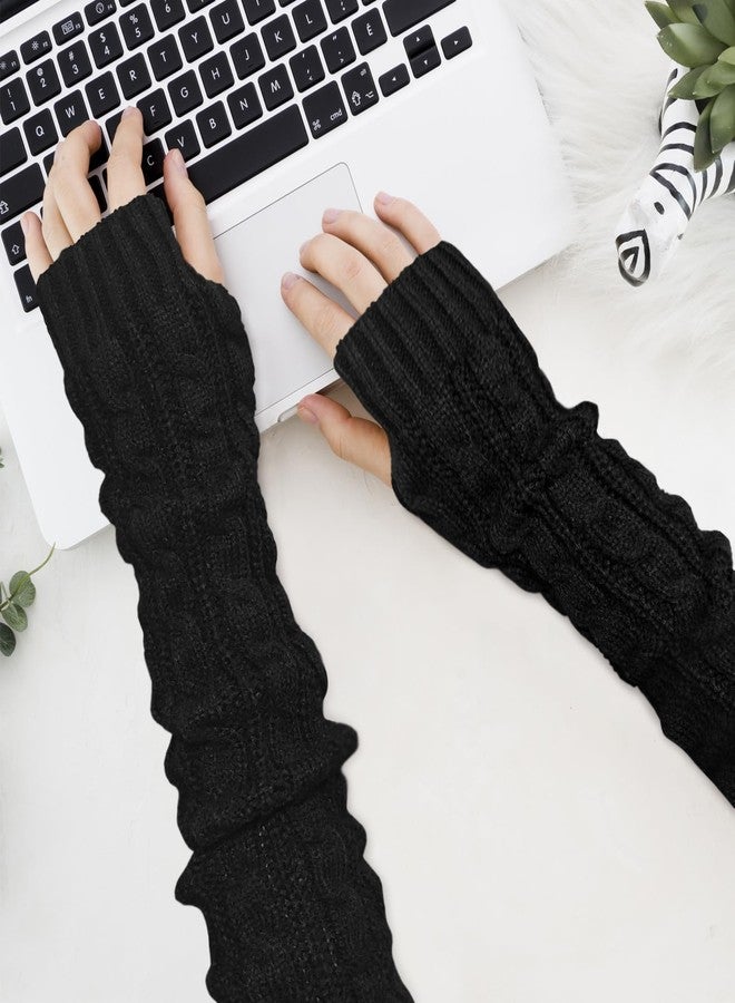 Feelorna Arm Sleeve Winter Warmer, Fingerless Stretchy Gloves Knitted Long Arm Warmers with Thumb Hole for Women (Black) - Image 4