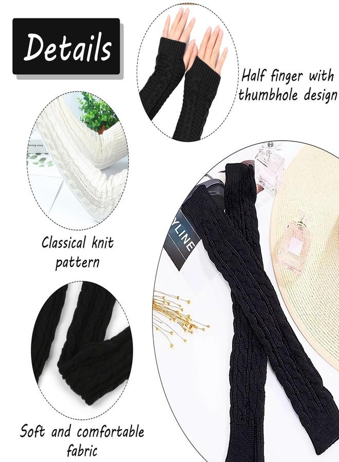 Feelorna Arm Sleeve Winter Warmer, Fingerless Stretchy Gloves Knitted Long Arm Warmers with Thumb Hole for Women (Black) - Image 3