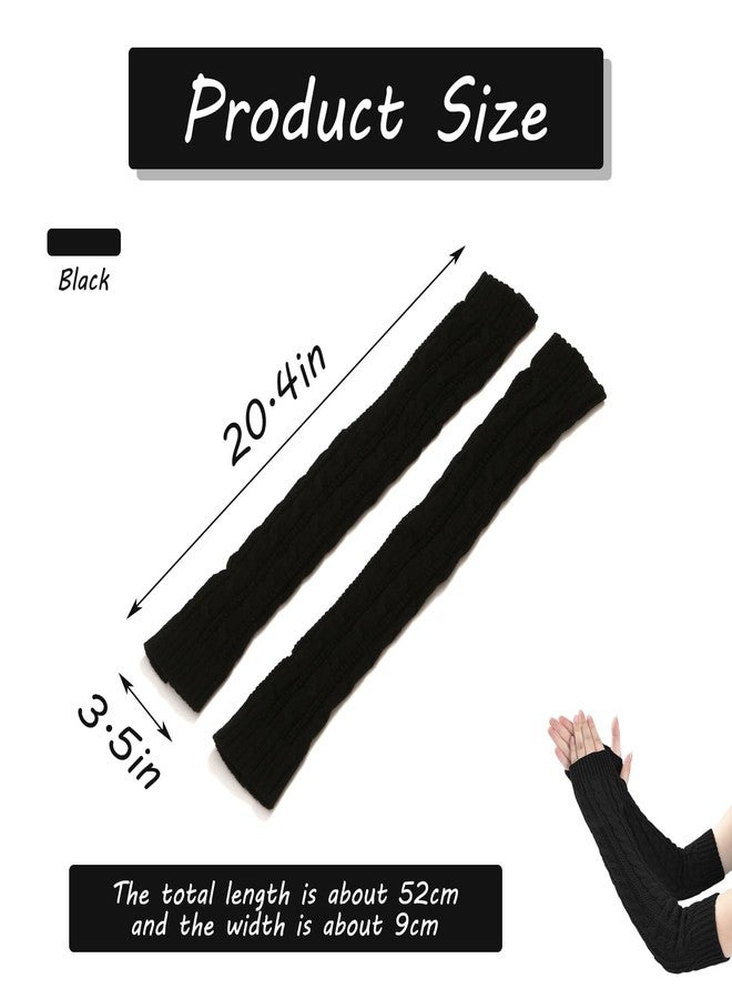 Feelorna Arm Sleeve Winter Warmer, Fingerless Stretchy Gloves Knitted Long Arm Warmers with Thumb Hole for Women (Black) - Image 2