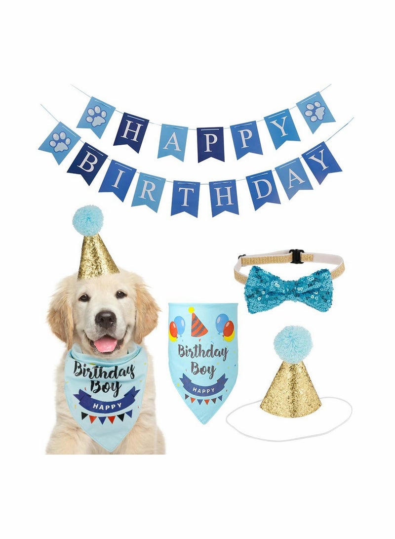 Excefore Dog Birthday Bandana Bow Tie Scarf with Dog Birthday Party Hat Happy Birthday Banner  - Image 1