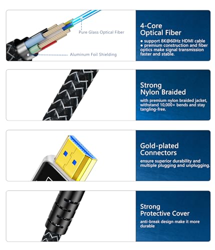 DGHUMEN 100FT Fiber Optic HDMI Cable 8K with Hard Wear Nylon Braided HDMI 2.1 Cord, Supports 8K@60Hz 4K@120Hz Ultra High Speed 48Gbps Dynamic HDR, Male-to-Male - Image 3