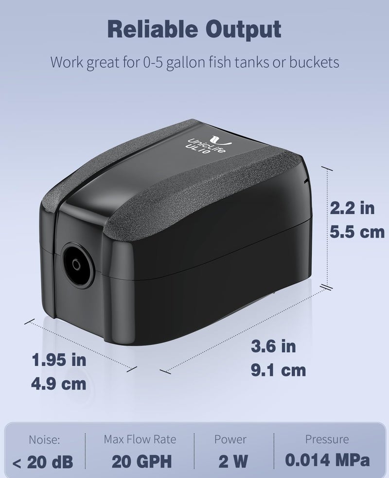 Uniclife Pawfly Aquarium Air Pump 20 GPH Fish Tank Oxygen Pump for Fish Tanks up to 5 Gallons Mini Ultra- Quiet Aerator Pump with Airline Tubing Air Stones and Check Valves - Image 5