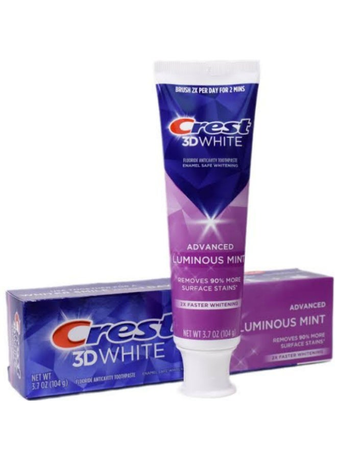 كرست معجون أسنان Crest 3D White Advanced Luminous Mint لتبييض الأسنان، آمن على مينا الأسنان، 104 جم - Image 1