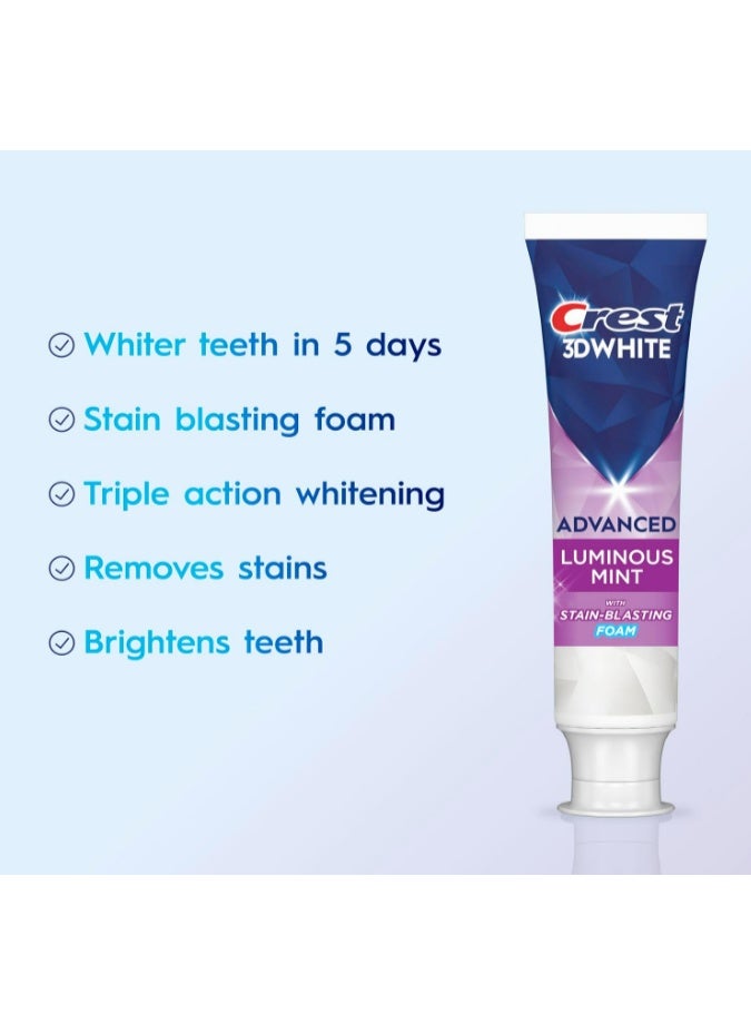 كرست معجون أسنان Crest 3D White Advanced Luminous Mint لتبييض الأسنان، آمن على مينا الأسنان، 104 جم - Image 4