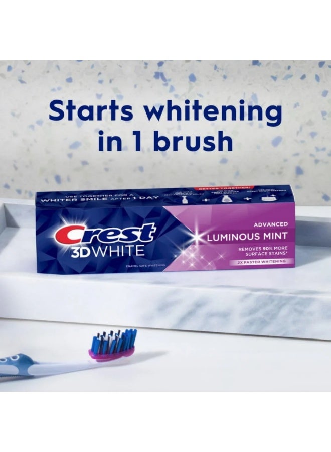 كرست معجون أسنان Crest 3D White Advanced Luminous Mint لتبييض الأسنان، آمن على مينا الأسنان، 104 جم - Image 2