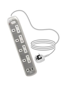 GREEN HOME Power Extension Cord  4 Sockets 2USB  1 Type C  3M Cable Length Silver  - Image 1