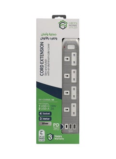 GREEN HOME Power Extension Cord  4 Sockets 2USB  1 Type C  3M Cable Length Silver  - Image 4