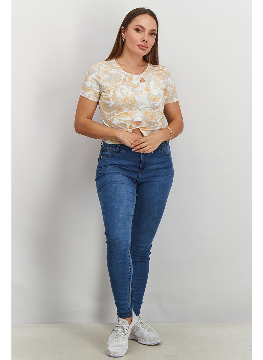Don't Call Me Jennyfer - Women Round Neck Short Sleeve Allover Printed Top, Cream - Image 1
