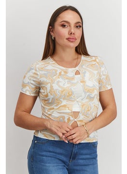 Women Round Neck Short Sleeve Allover Printed Top, Cream