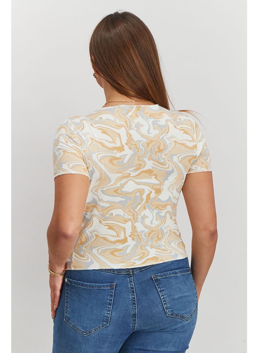 Don't Call Me Jennyfer - Women Round Neck Short Sleeve Allover Printed Top, Cream - Image 1