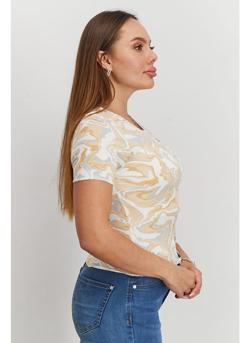 Don't Call Me Jennyfer - Women Round Neck Short Sleeve Allover Printed Top, Cream - Image 1