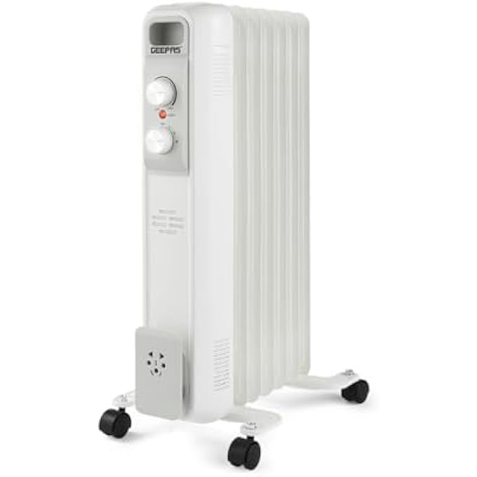 OIL FILLED RADIATOR HEATER, 1500W  PORTABLE ELECTRIC HEATER  3 POWER SETTINGS(600/900/1500W), ADJUSTABLE TEMPERATURE & THERMOSTAT, THERMAL SAFETY CUT OFF  2 YEAR WARRANTY, 7 FINS, WHITE - Image 1
