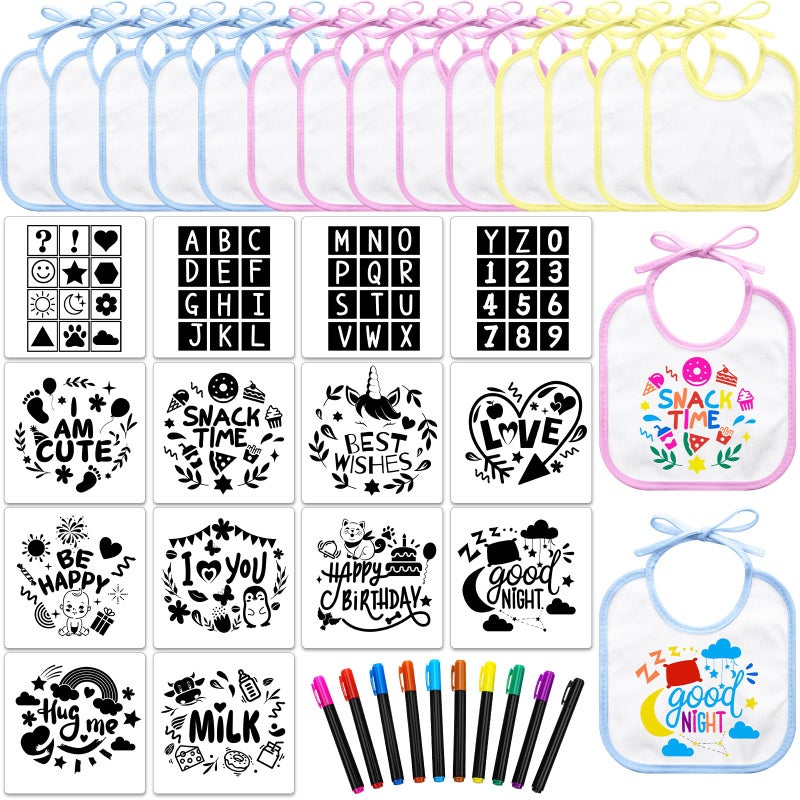 Jutom 38 Pcs DIY Baby Bibs Decorating Kit 14 Bibs 14 Stencils 10 Fabric Markers 2 Ply Feeder Bibs Design Bib for Shower Games Multicolored