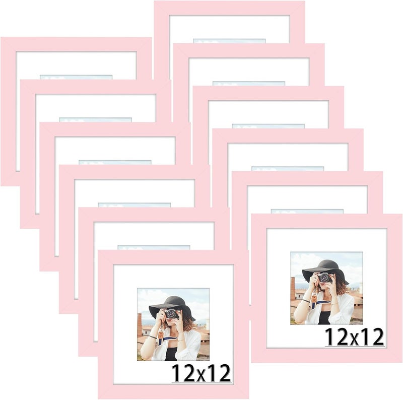 Picrit 12x12 Picture Frame Set of 12, Display 8x8 with Mat or 12 x 12 Without Mat, Photo Frames for Wall Mounting Display, Pink - Image 1