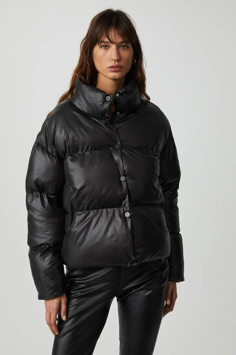 GRIMELANGE Keıran Women's Stand Collar Lined Shiny Black Coat