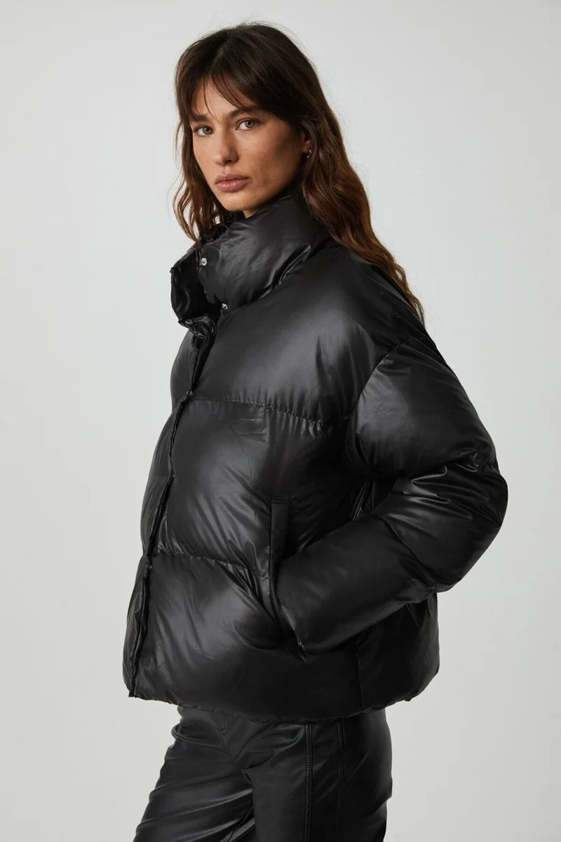 GRIMELANGE Keıran Women's Stand Collar Lined Shiny Black Coat