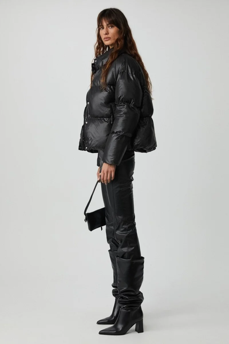 GRIMELANGE Keıran Women's Stand Collar Lined Shiny Black Coat