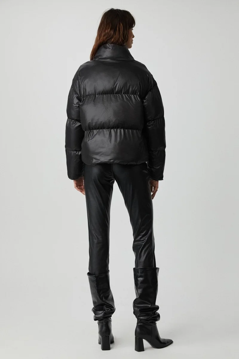 GRIMELANGE Keıran Women's Stand Collar Lined Shiny Black Coat