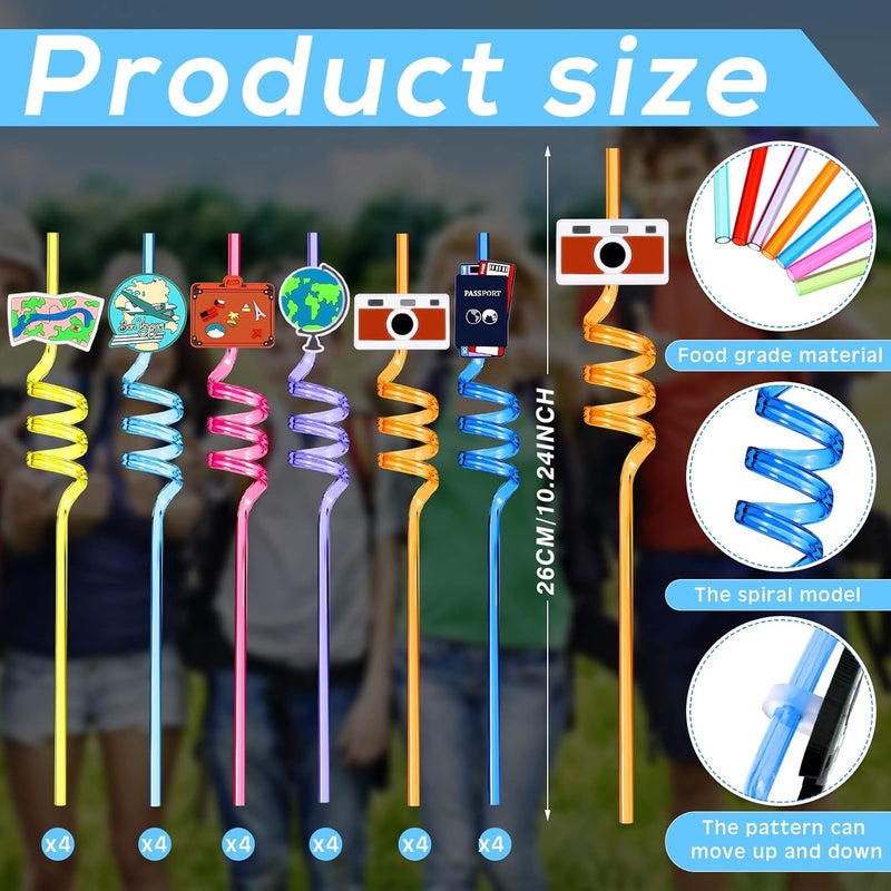 Hortsun 24 Pcs Travel Themed Party Favors Supplies Plastic Drinking Straws Adventure Awaits Bon Voyage Birthday Party Supplies Colorful Reusable Straws for Festivals Birthday Summer Beach Party Carnivals - Image 3
