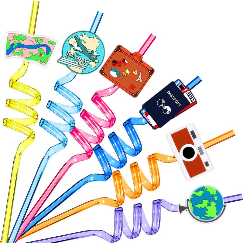 Hortsun 24 Pcs Travel Themed Party Favors Supplies Plastic Drinking Straws Adventure Awaits Bon Voyage Birthday Party Supplies Colorful Reusable Straws for Festivals Birthday Summer Beach Party Carnivals - Image 1