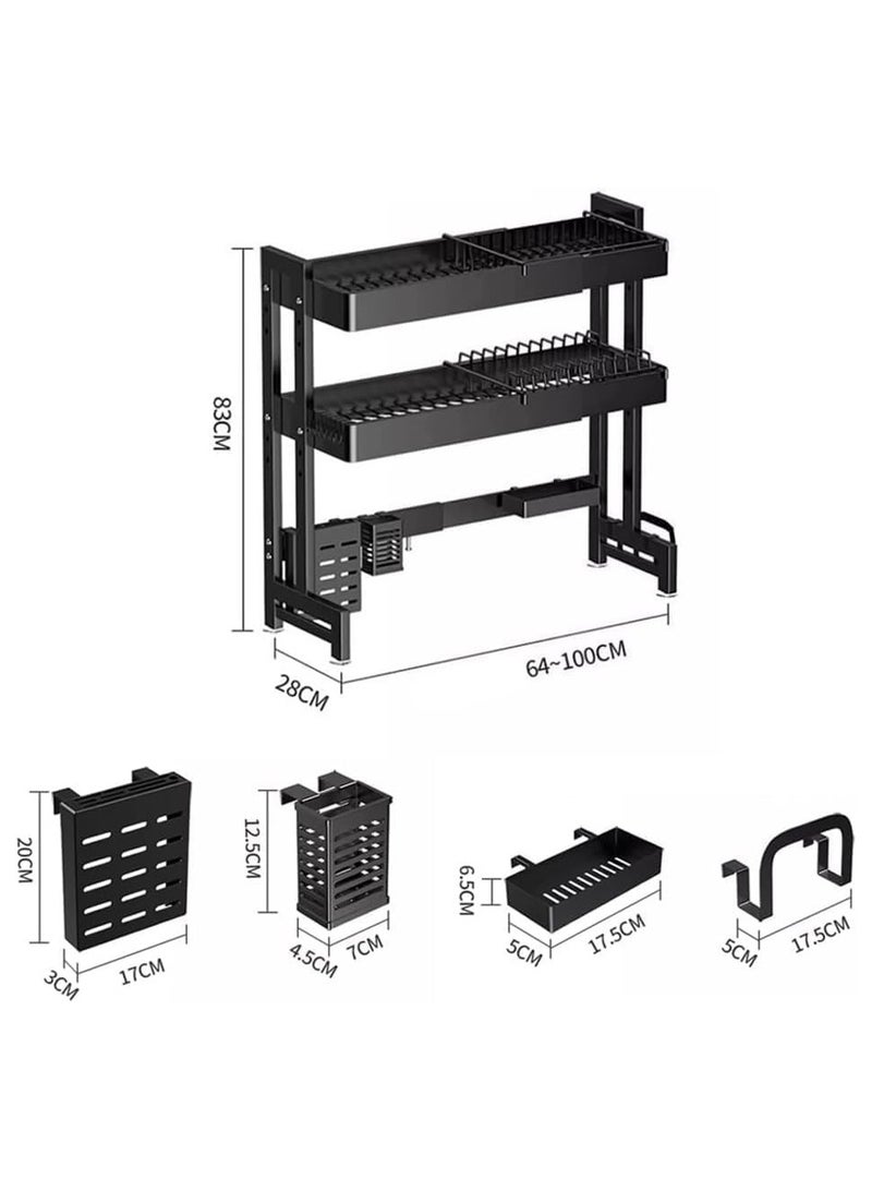 Scrolls Adjustable Over The Sink Dish Rack Extra Heavy Duty Adjustable Length and Height Large Dish Drying Stand Drainer with Utensil Holder for Kitchen Countertop Organizer 3 TIER BLACK (64 – 100 CM Length) - Image 5