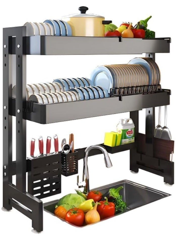 Scrolls Adjustable Over The Sink Dish Rack Extra Heavy Duty Adjustable Length and Height Large Dish Drying Stand Drainer with Utensil Holder for Kitchen Countertop Organizer 3 TIER BLACK (64 – 100 CM Length) - Image 1