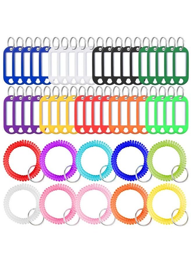 Uniclife 10 Pcs Wrist Keychains & 40 Pcs Key Tag Labels Flexible Colorful Spring Spiral Coil Key Holder With Keyring Stretchy Wristband Wristlet Bracelet Hair Tie For Id Badge Sauna Gym Pool And Sport  - Image 1