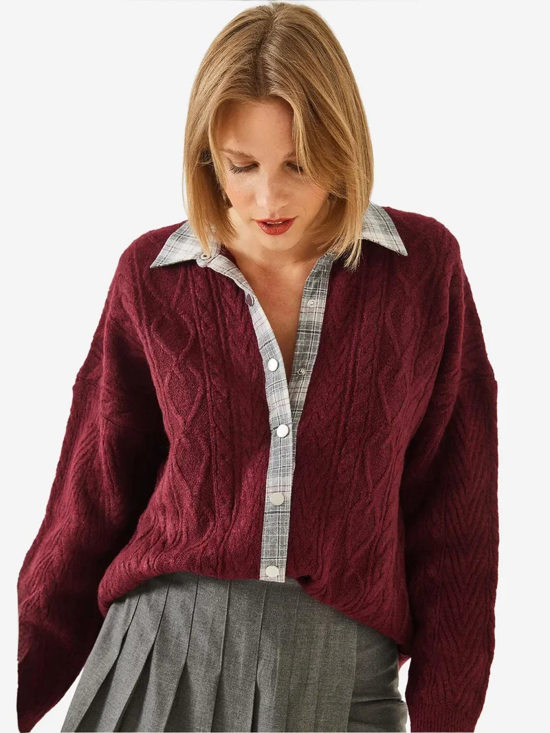 Bianco Lucci LUCCI Textured Knitwear Cardigan with Shirt Collar