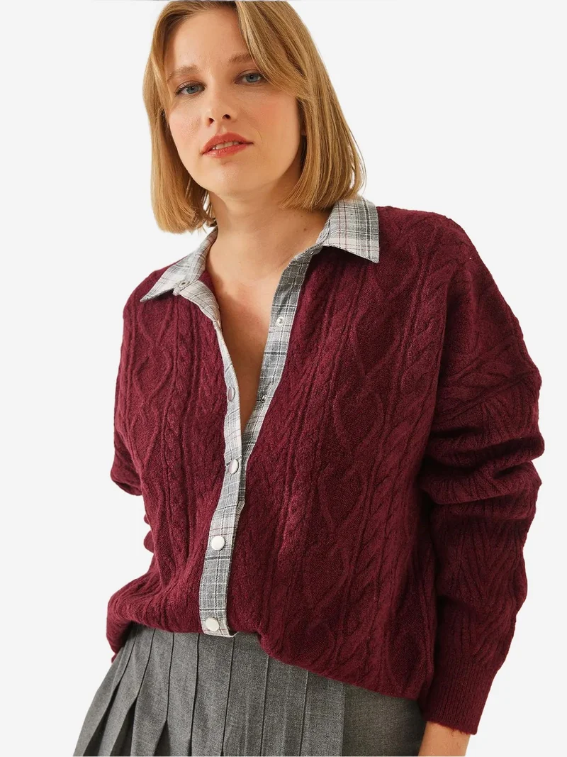 Bianco Lucci LUCCI Textured Knitwear Cardigan with Shirt Collar