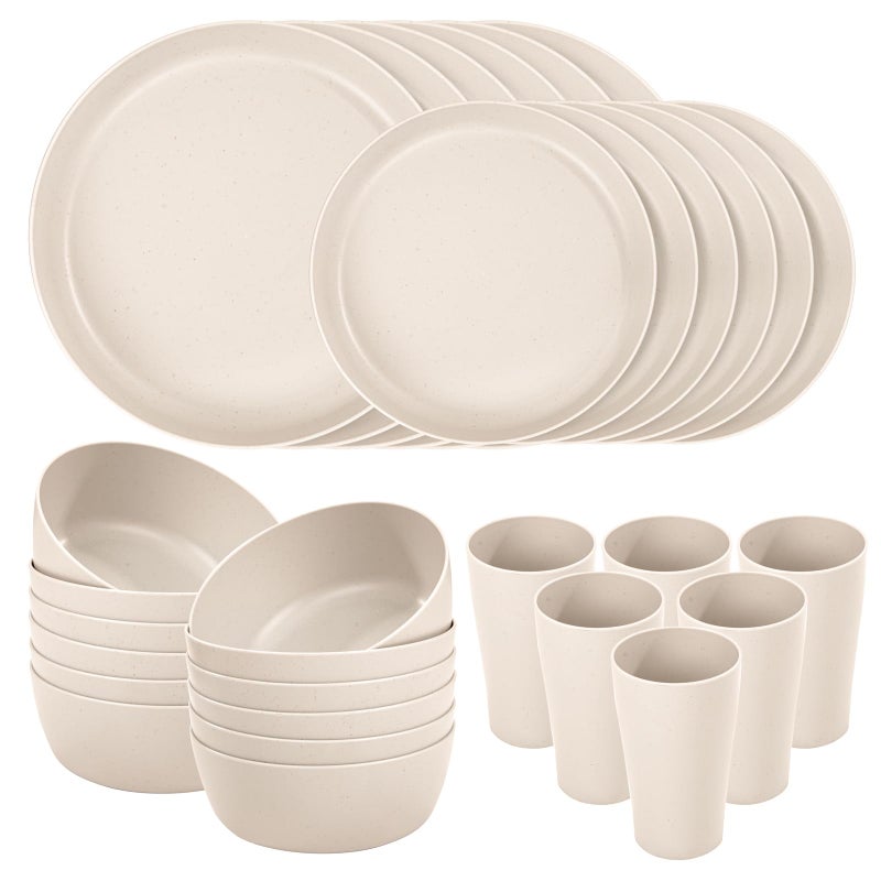 ejonirinjonir EI 24pcs Wheat Straw Dinnerware Set, Beige Wheat Straw Plates, Reusable Unbreakable Plates for Camping, Picnics & Family Dinners - Image 1