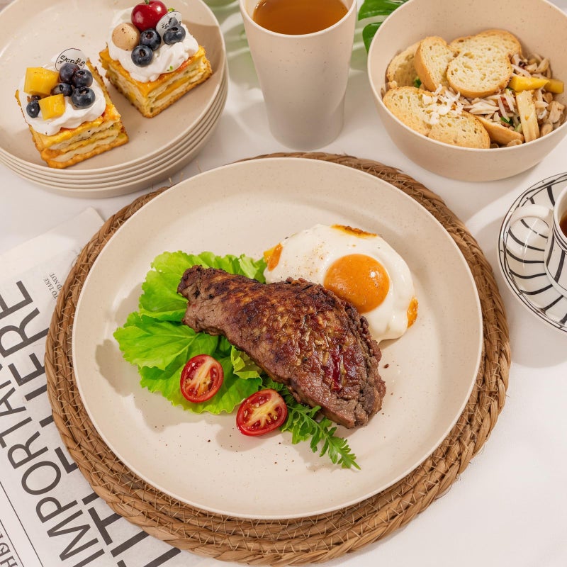ejonirinjonir EI 24pcs Wheat Straw Dinnerware Set, Beige Wheat Straw Plates, Reusable Unbreakable Plates for Camping, Picnics & Family Dinners - Image 3