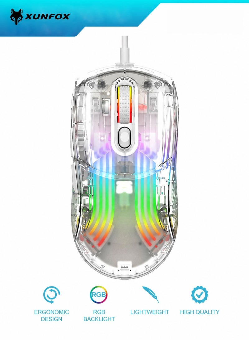XUNFOX XYH10 Transparent RGB Wired Gaming Mouse, 6-Level Adjustable DPI 1200–7200 Esports Mouse with Silent Click, Anti-Slip Scroll Wheel, Colorful Breathing Light, USB Plug & Play for Windows 7/8/10/11 PC/Laptop - Image 1