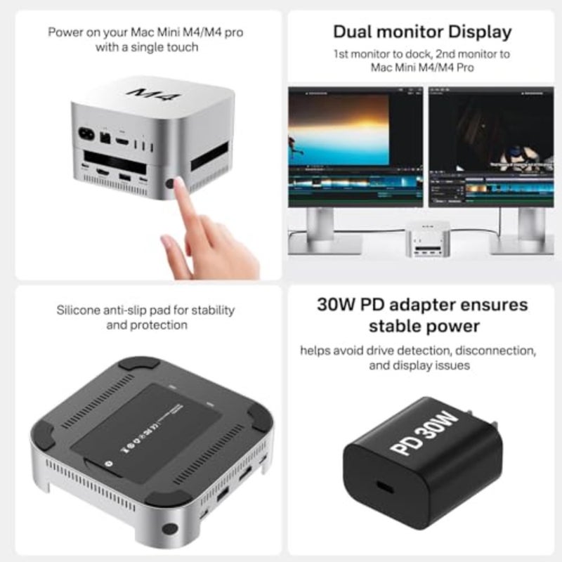 Mac Mini M4 Dock Stand with Dual Bay NVMe SSD Enclosure, Aluminum HDMI Hub for Mac mini M4 and M4 Pro 2024, 4K60Hz HDMI, 4 x 10G USB A, PD 30W, SD/TF, Supports SSD B+M M-Key M001-New - Image 3