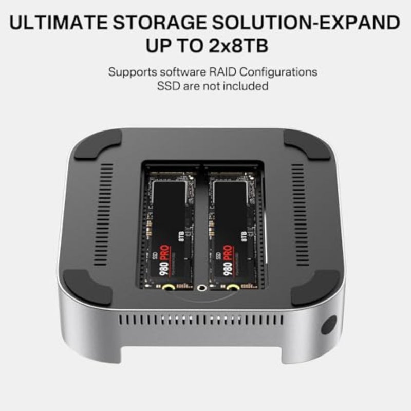 Mac Mini M4 Dock Stand with Dual Bay NVMe SSD Enclosure, Aluminum HDMI Hub for Mac mini M4 and M4 Pro 2024, 4K60Hz HDMI, 4 x 10G USB A, PD 30W, SD/TF, Supports SSD B+M M-Key M001-New - Image 5