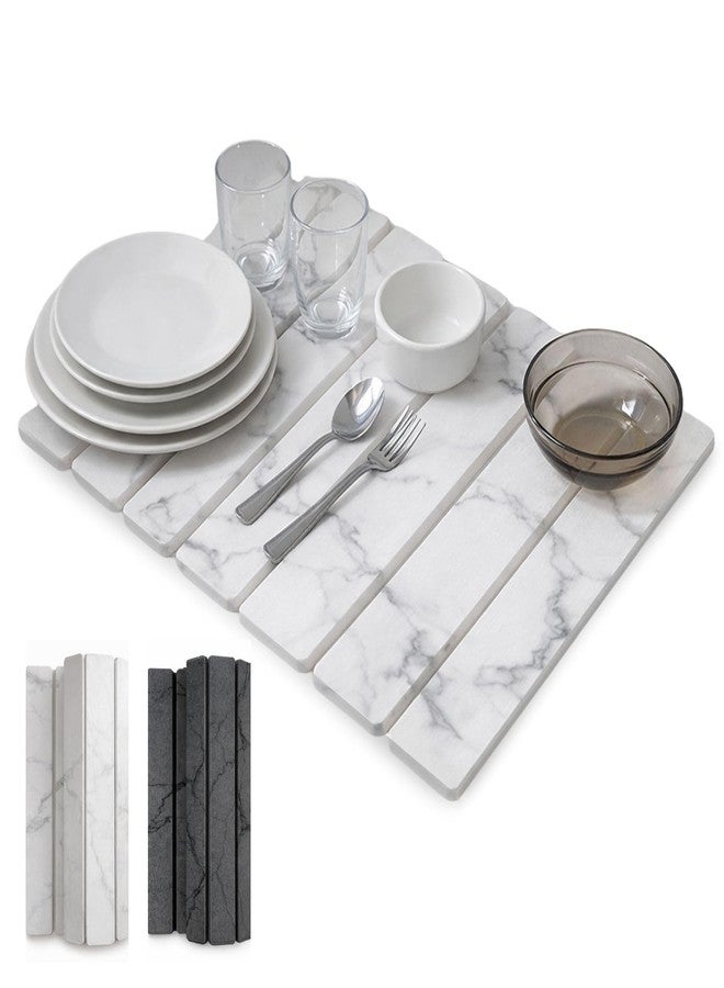 BOKKY Dish Drying Mat for Kitchen Counter, Stone Drying Mat 16" x 12" with 7 Foldable Strips, Super Absorbent Diatomaceous Earth Mat, Heat-Resistant Countertop Protector (White Marble) - Image 1