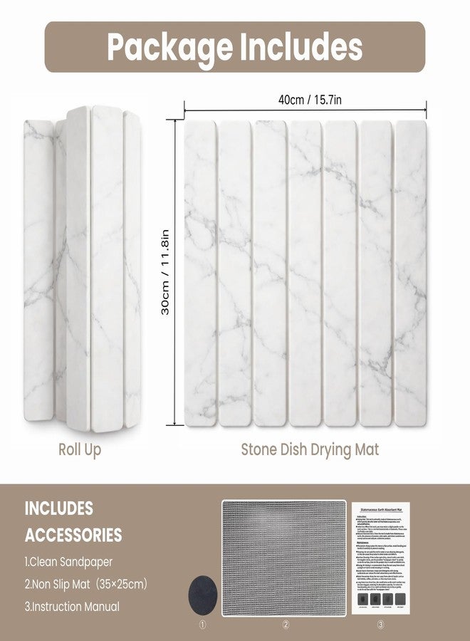 BOKKY Dish Drying Mat for Kitchen Counter, Stone Drying Mat 16" x 12" with 7 Foldable Strips, Super Absorbent Diatomaceous Earth Mat, Heat-Resistant Countertop Protector (White Marble) - Image 2