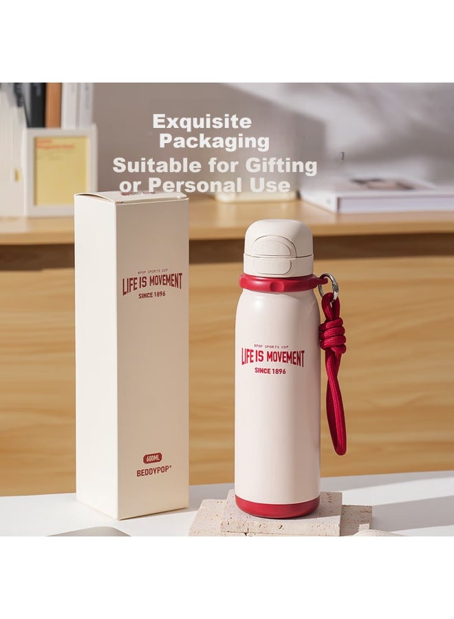 Beddybear Sharp Dual-drink Lid Sports Insulated Bottle With Straw Large Capacity Student Water Cup 600ml Fighting Red - Image 3