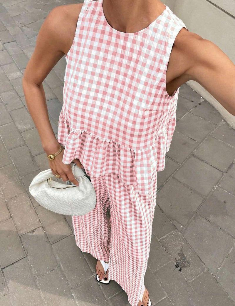 Tanming Women's 2 Piece Set Outfits Gingham Plaid Tank Tops Wide Leg Pants Matching Lounge Sets (Pink-S) - Image 3