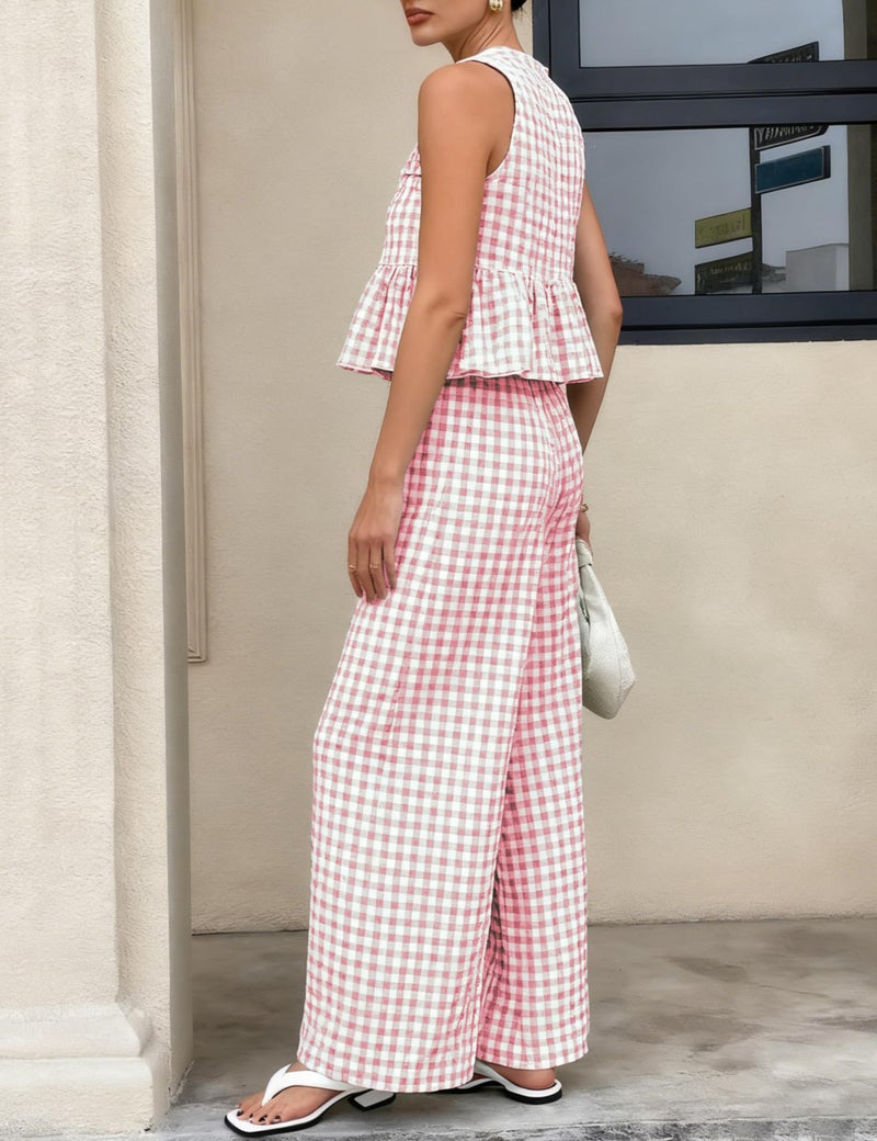 Tanming Women's 2 Piece Set Outfits Gingham Plaid Tank Tops Wide Leg Pants Matching Lounge Sets (Pink-S) - Image 4