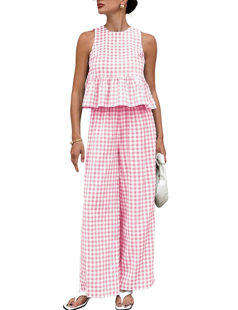 Tanming Women's 2 Piece Set Outfits Gingham Plaid Tank Tops Wide Leg Pants Matching Lounge Sets (Pink-S) - Image 1