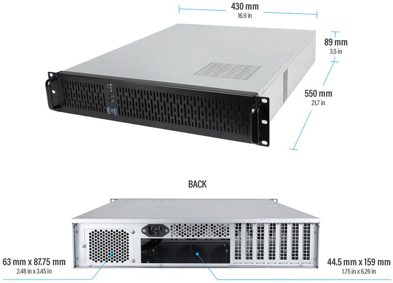 Rosewill 2U Server Chassis Rackmount Case, 4X 3.5 Bays, 2X 2.5 Devices, ATX Compatible, Up to 4X 80mm Fans, 2X USB 3.0, Silver/Black - RSV-Z2850U - Image 5