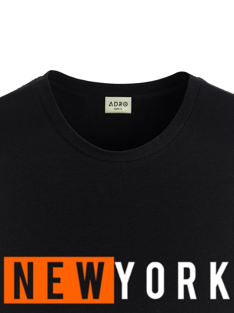 adro تي شيرت أسود مطبوع للرجال من ADRO بتصميم نيويورك - 100% قطن مقاس عادي - Image 2