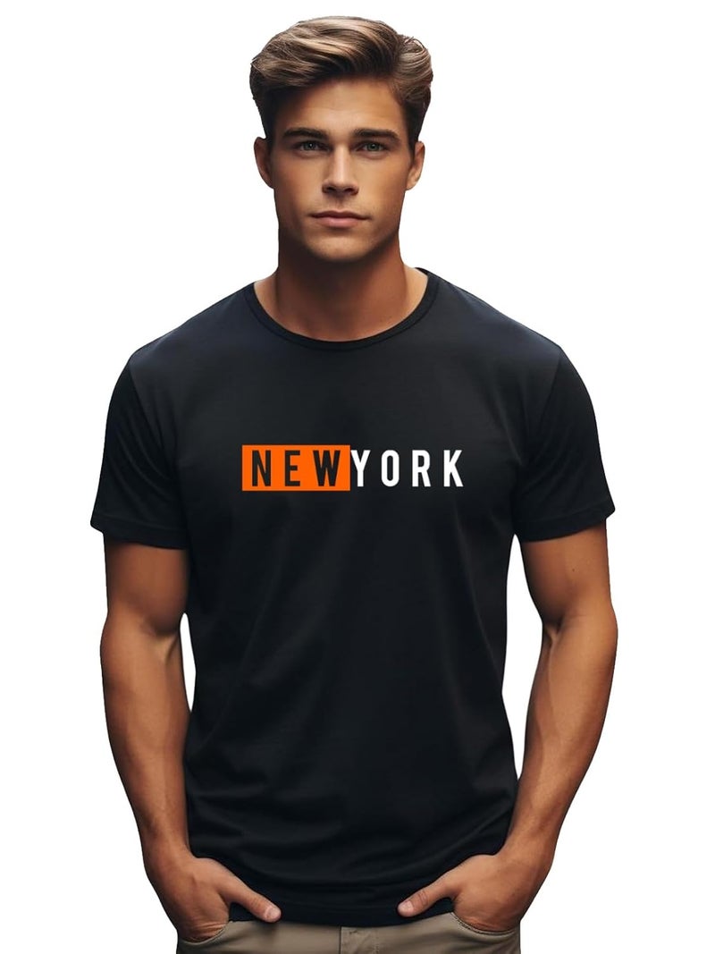 adro تي شيرت أسود مطبوع للرجال من ADRO بتصميم نيويورك - 100% قطن مقاس عادي - Image 4