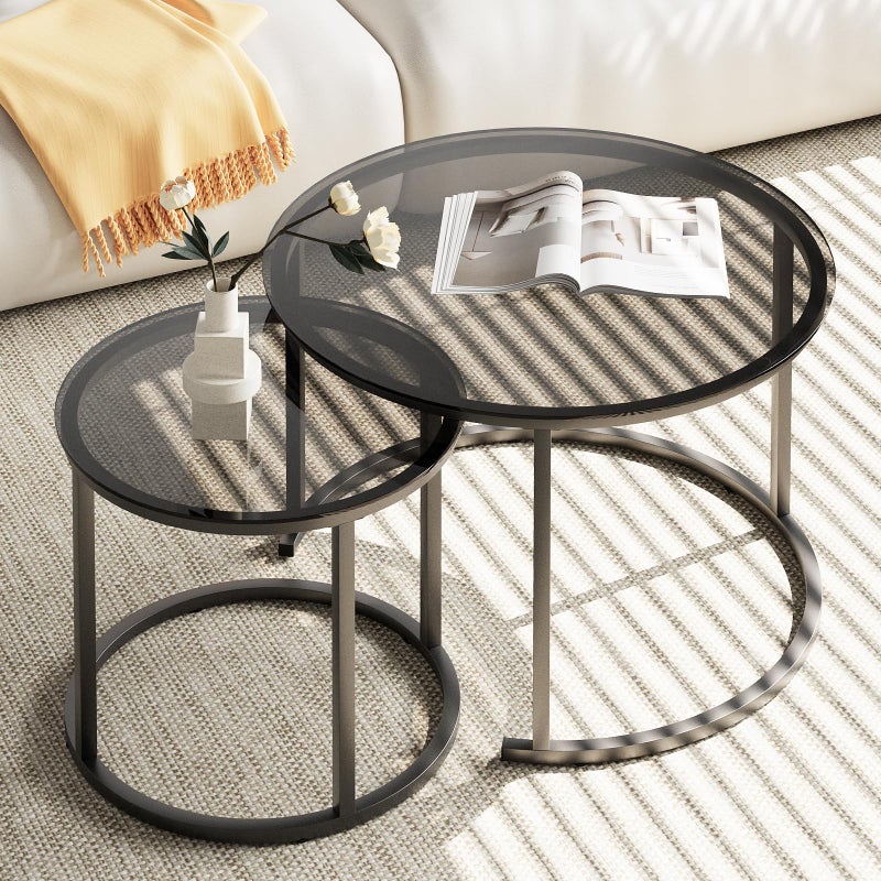 aboxoo Nesting Coffee Table Grey Glass Table Set of 2, Small Round Glass Nesting Tables for Living Room Bedroom, Accent Tea Table with Metal Frame Modern Industrial Simple - Image 1
