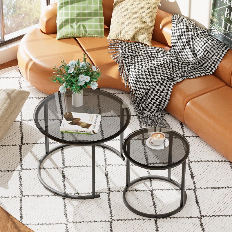 aboxoo Nesting Coffee Table Grey Glass Table Set of 2, Small Round Glass Nesting Tables for Living Room Bedroom, Accent Tea Table with Metal Frame Modern Industrial Simple - Image 3